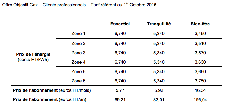 Tarifs Energem gaz pour les professionnels