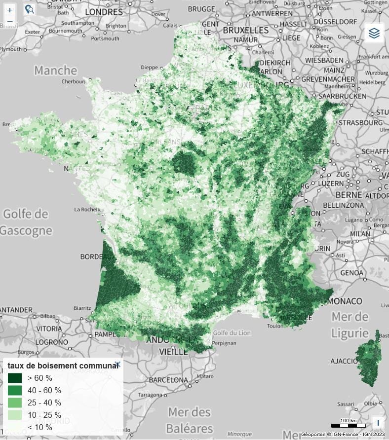 Taux de boisement par commune - source : Observatoire des forêts françaises